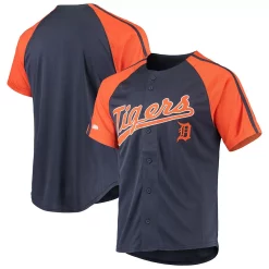Men's Stitches Navy Detroit Tigers Button-Down Raglan Replica Jersey